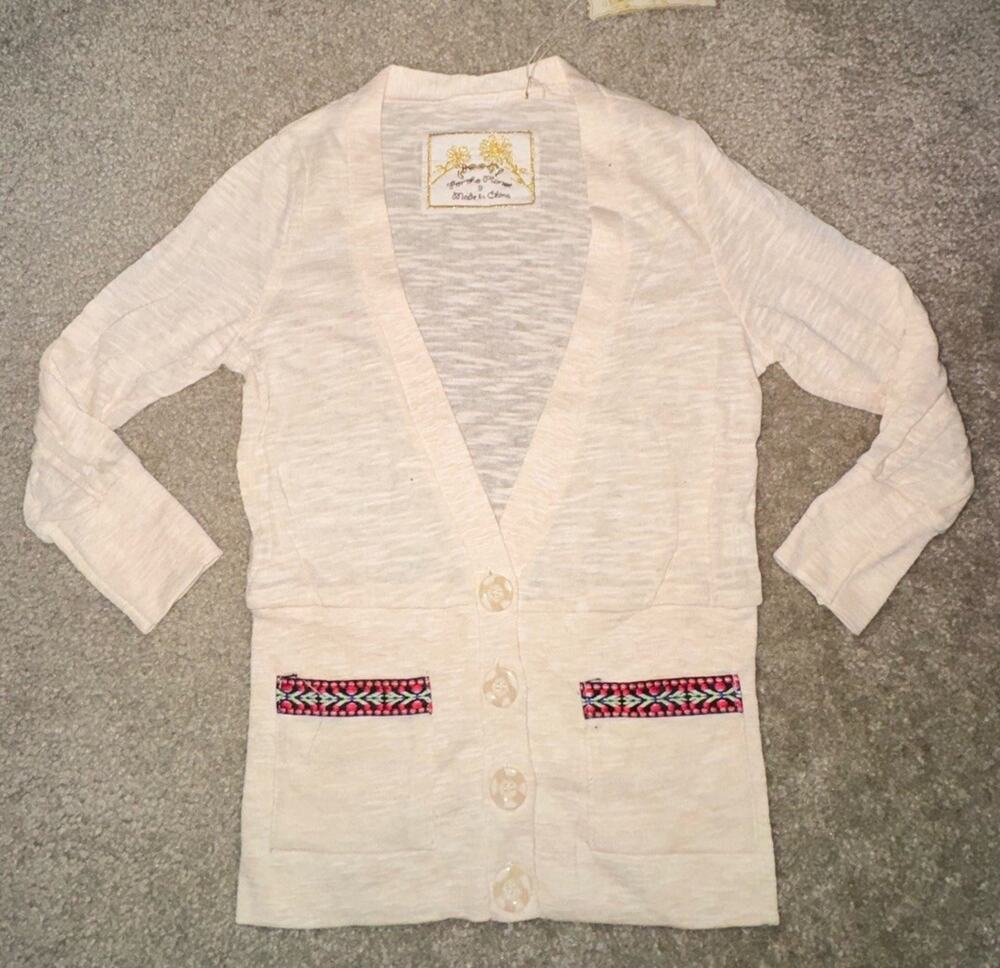 Poof! Juniors S Cream Sheer Cardigan 3/4 Sleeve Embroidered Pockets Boho NWT NEW